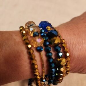 Handmade Czech Faceted Crystal Beads In Gold, Clear, and Blue Bracelet Set NEW